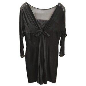 Vintage Black Illusion Sheath Dress V-Back W/ Bow Sz 15 ILGWU USA Made